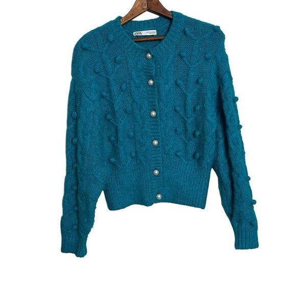 ZARA Pearl Buttons Chunky Knit Long Sleeve Cardigan Sweater Teal Blue Small - Picture 1 of 7